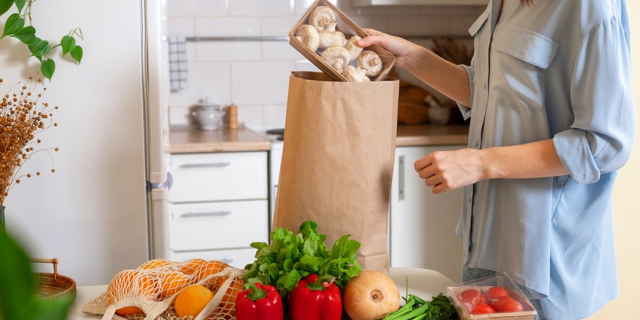 Une femme range ses courses alimentaires, gaspillage, conservation fruits légumes - Aprifel